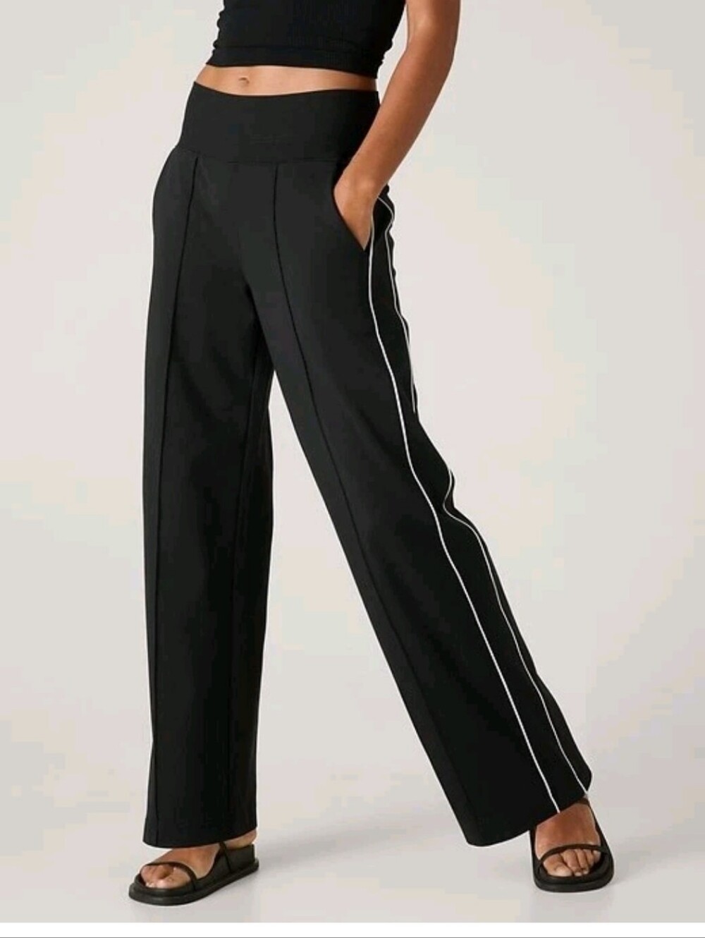 Athleta Venice High Rise Track Stripe Wide Leg Pant // Black White stripe Small